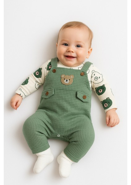 Unisex 3-6-9 Ay Pamuklu Peluş Ayıcık Baskılı Salopet Takım (Body+Tulum+Çorap) | Bebek Kıyafeti Seti