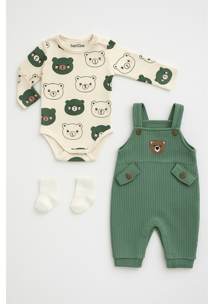 Unisex 3-6-9 Ay Pamuklu Peluş Ayıcık Baskılı Salopet Takım (Body+Tulum+Çorap) | Bebek Kıyafeti Seti indirimleri
