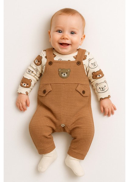 Unisex 3-6-9 Ay Pamuklu Peluş Ayıcık Baskılı Salopet Takım (Body+Tulum+Çorap) | Bebek Kıyafeti Seti
