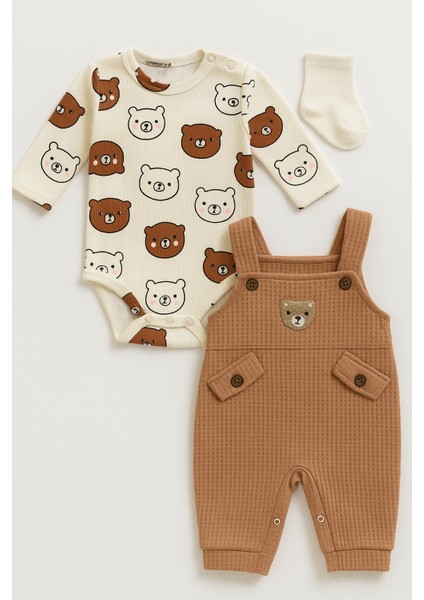 Unisex 3-6-9 Ay Pamuklu Peluş Ayıcık Baskılı Salopet Takım (Body+Tulum+Çorap) | Bebek Kıyafeti Seti fırsatları