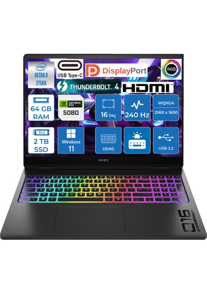 Omen Max 16 / 240HZ Wqxga Qhd+ / 16 GB RTX5080 150W / Intel Core Ultra 9 275HX (15.nesil) / 64 GB Ddr5 5600 Mhz Ram / 2 Tb Pcıe 4x4 Gen5 Nvme M.2 SSD / 16" Wqxga Qhd+ IPS LED Panel / WİN11 Pro