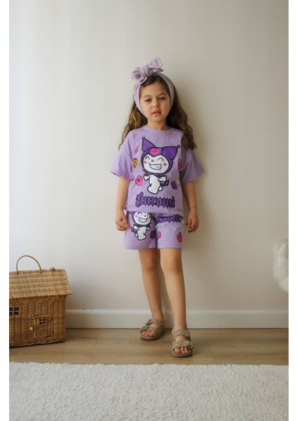 Kız Çocuk Kuromi Modelli Bisiklet Yaka Pamuk Şortlu Takım