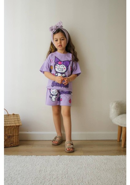 Kız Çocuk Kuromi Modelli Bisiklet Yaka Pamuk Şortlu Takım modelleri