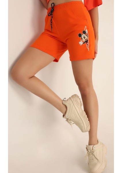 Mickey Mouse Baskılı Kadın Şort Turuncu