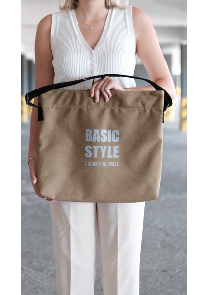 Kanvas Çapraz Askılı Tote Çanta Krem