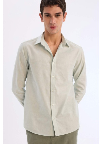 Regular Fit Polo Yaka Keten Karışımlı Yazlık Uzun Kollu Gömlek E0518AX25SM