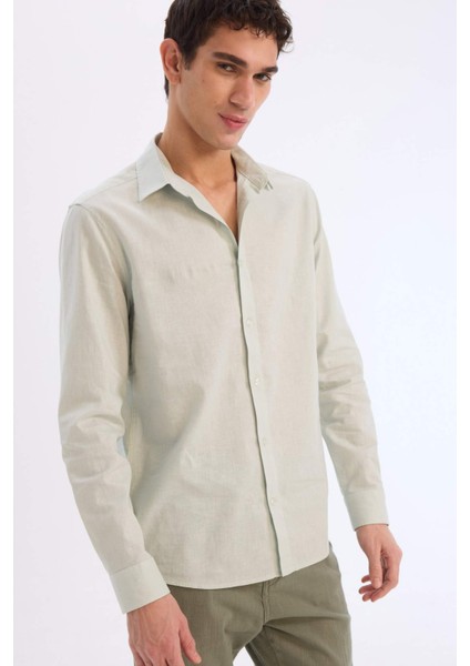 Regular Fit Polo Yaka Keten Karışımlı Yazlık Uzun Kollu Gömlek E0518AX25SM fırsatları