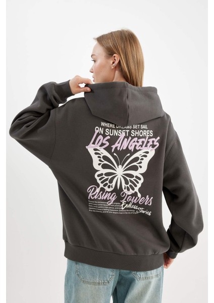 Coool Oversize Geniş Kalıp Kapüşonlu Sırt Baskılı Kalın Sweatshirt C7860AX24WN