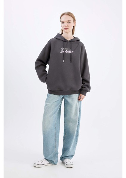 Coool Oversize Geniş Kalıp Kapüşonlu Sırt Baskılı Kalın Sweatshirt C7860AX24WN