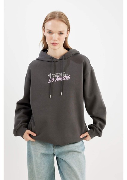 Coool Oversize Geniş Kalıp Kapüşonlu Sırt Baskılı Kalın Sweatshirt C7860AX24WN