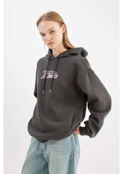 Coool Oversize Geniş Kalıp Kapüşonlu Sırt Baskılı Kalın Sweatshirt C7860AX24WN