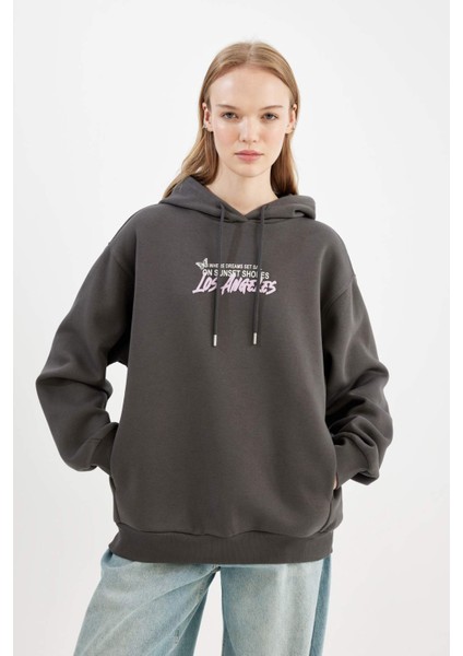 Coool Oversize Geniş Kalıp Kapüşonlu Sırt Baskılı Kalın Sweatshirt C7860AX24WN