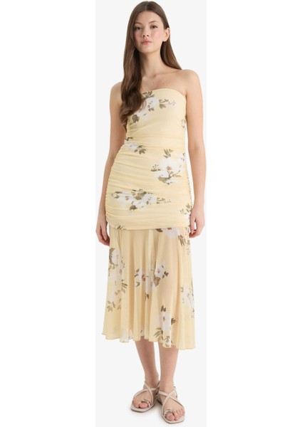 Coool Bodycon Vücudu Saran Straplez Çiçek Desenli Tül Maxi Elbise F5577AX25SM