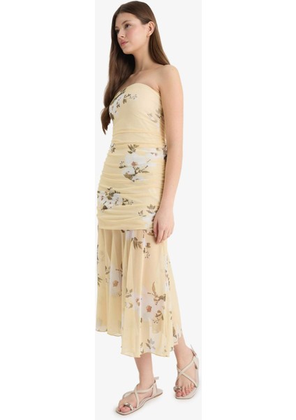Coool Bodycon Vücudu Saran Straplez Çiçek Desenli Tül Maxi Elbise F5577AX25SM