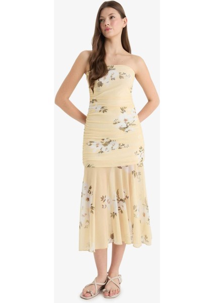 Coool Bodycon Vücudu Saran Straplez Çiçek Desenli Tül Maxi Elbise F5577AX25SM