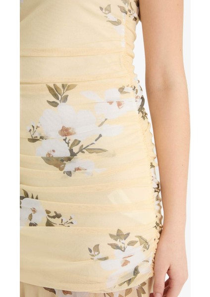 Coool Bodycon Vücudu Saran Straplez Çiçek Desenli Tül Maxi Elbise F5577AX25SM