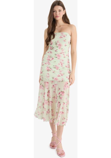 Coool Bodycon Vücudu Saran Straplez Çiçek Desenli Tül Maxi Elbise F5577AX25SM
