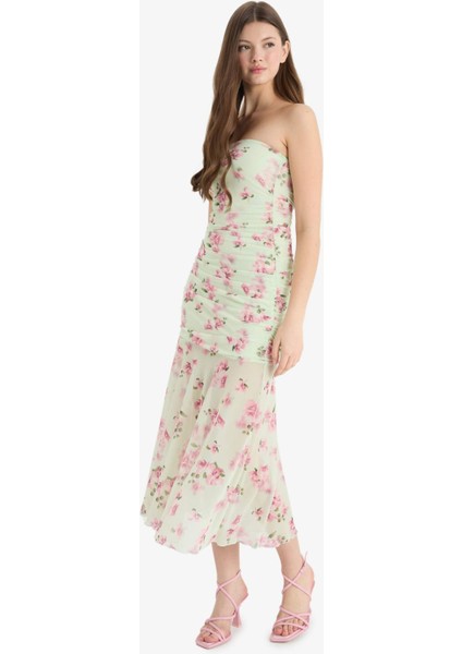 Coool Bodycon Vücudu Saran Straplez Çiçek Desenli Tül Maxi Elbise F5577AX25SM