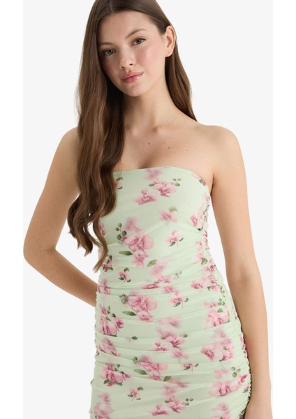 Coool Bodycon Vücudu Saran Straplez Çiçek Desenli Tül Maxi Elbise F5577AX25SM