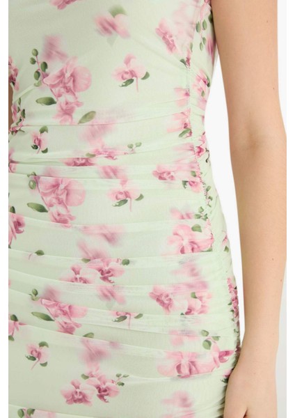 Coool Bodycon Vücudu Saran Straplez Çiçek Desenli Tül Maxi Elbise F5577AX25SM