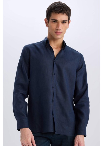 %100 Keten Regular Fit Polo Yaka Yazlık Basic Düz Uzun Kollu Gömlek C1825AX25SM