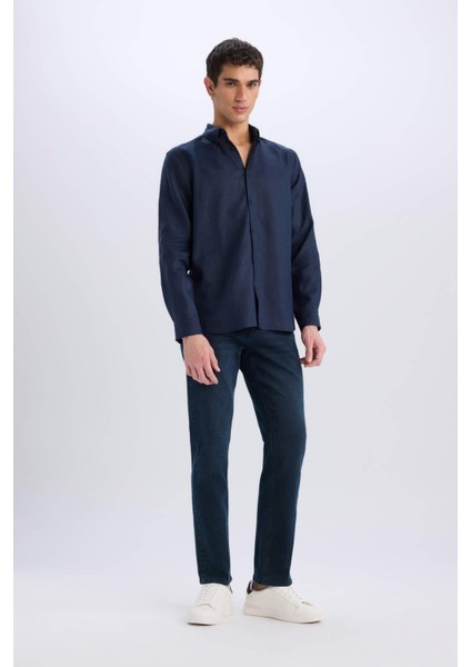 %100 Keten Regular Fit Polo Yaka Yazlık Basic Düz Uzun Kollu Gömlek C1825AX25SM