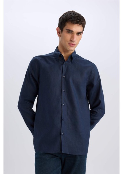 %100 Keten Regular Fit Polo Yaka Yazlık Basic Düz Uzun Kollu Gömlek C1825AX25SM