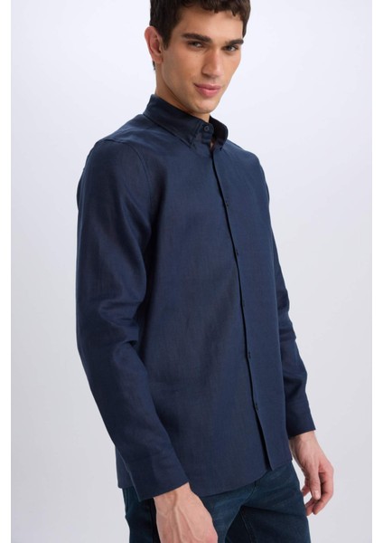 %100 Keten Regular Fit Polo Yaka Yazlık Basic Düz Uzun Kollu Gömlek C1825AX25SM