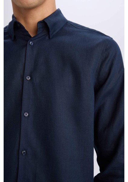%100 Keten Regular Fit Polo Yaka Yazlık Basic Düz Uzun Kollu Gömlek C1825AX25SM
