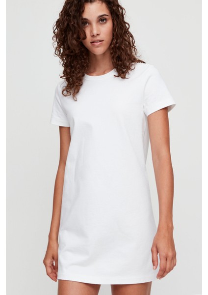 Düz Beyaz Kısa Kollu Penye Tshirt Elbise