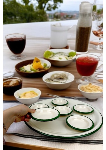 7 Parça Büyükboy Yeşil Emaye Kahvaltı Seti, Sunum, Kahvaltı Tabağı, Reçellik, Çeyiz