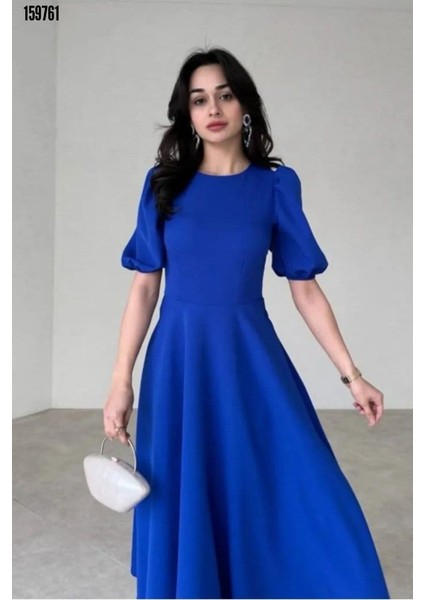 Kadın Kısa Balon Kollu Bisiklet Yaka Geniş Kesim Janjankrep Elbise -Son Görsel Hediyemizfdir