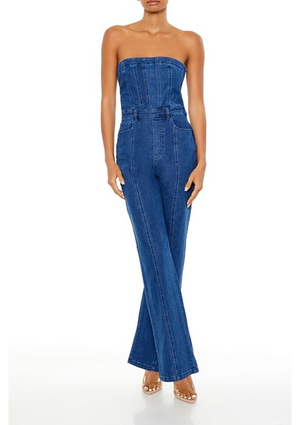 Denim Straplez Yaka Tulum modelleri