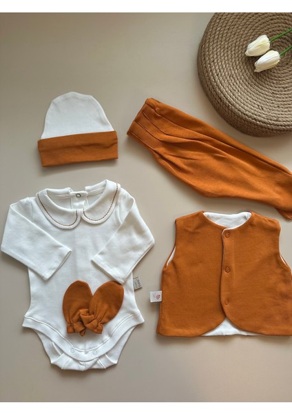 Yelekli Hastane Çıkışı Set - Tarçın / (Yelek, Pantolon, Body, Bere, Eldiven) fırsatları