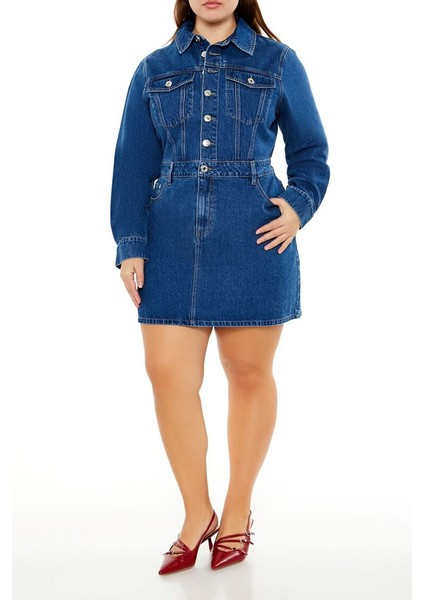 Plus Size Denim Mini Elbise