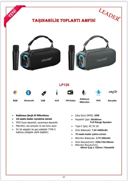 LP120 Ipx5 Rgb Bluetooth USB Aux Fm Radyo Kablosuz Mikrofon Taşınabilir Toplantı Amfisi fiyatları