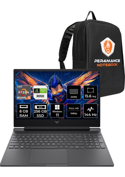Victus 15 Amd Ryzen 5 8645HS 8gb Ram 256GB SSD RTX3050/6GB 15.6" Fhd 144Hz Windows 11 Pro Taşınabilir Bilgisayar & Per4 Çanta B9KM2EAPN381