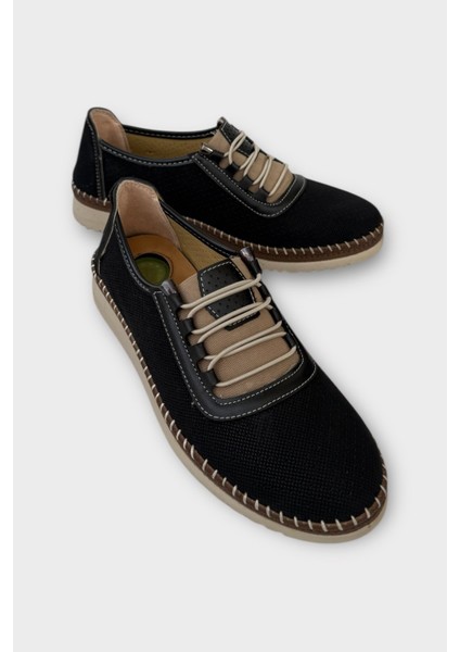 Kadın Günlük Hafif Mevsimlik Rahat Akıllı Bağcık Ortopedik Casual Ayakkabı SİYAH - KREM