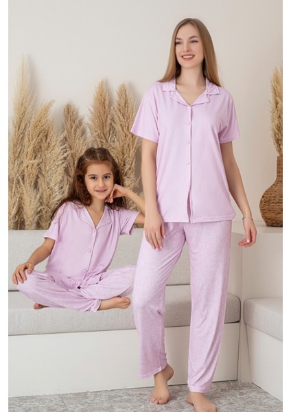 Anne Kız Kombin Kısa Kollu Desenli Gömlek Pijama Takımı (Anne Kız Ayrı Satılır)