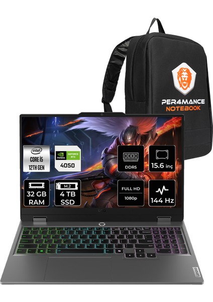 Loq Intel Core I5 12600HX 32GB 4tb SSD RTX4050/6GB 105W 15.6" Fhd 144Hz Freedos Taşınabilir Bilgisayar & Per4 Çanta 83GS00P6TRP320