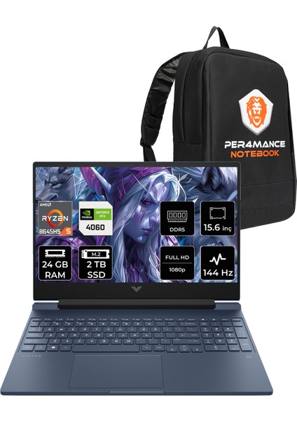 Victus 15 Amd Ryzen 5 8645HS 24GB Ram 2tb SSD RTX4060/8GB 15.6" Fhd 144Hz Freedos Taşınabilir Bilgisayar & Per4 Çanta A05NHEAPN314