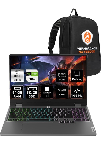 Loq Intel Core I5 12600HX 64GB 512GB SSD RTX4050/6GB 105W 15.6" Fhd 144Hz Windows 11 Home Taşınabilir Bilgisayar & Per4 Çanta 83GS00P6TRP372