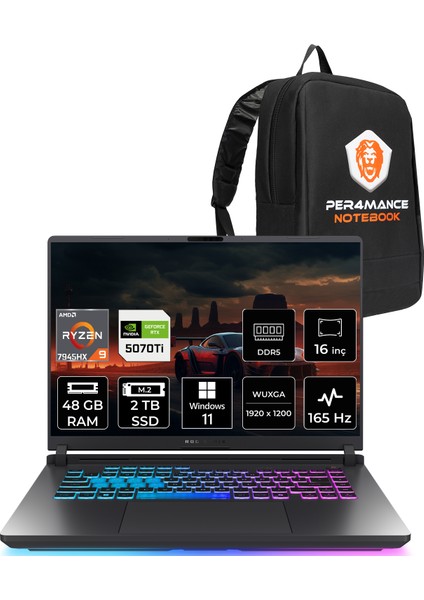 Rog Strix G16 Amd Ryzen 9 7945HX 48GB 2tb SSD RTX5070TI/12GB 16" Fhd+ 165Hz Windows 11 Home Taşınabilir Bilgisayar & Per4 Çanta G614PRRV051P369