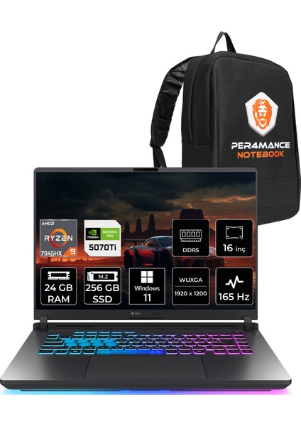 Rog Strix G16 Amd Ryzen 9 7945HX 24GB 256GB SSD RTX5070TI/12GB 16" Fhd+ 165Hz Windows 11 Pro Taşınabilir Bilgisayar & Per4 Çanta G614PRRV051P391