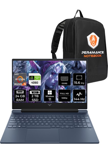 Victus 15 Amd Ryzen 5 8645HS 24GB Ram 2tb SSD RTX4060/8GB 15.6" Fhd 144Hz Windows 11 Home Taşınabilir Bilgisayar & Per4 Çanta A05NHEAPN354