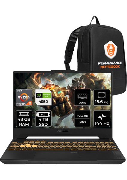 Tuf Gaming Intel Core I7 13620H 48GB 4tb SSD RTX4060/8GB 140W 15.6" Fhd 144Hz Freedos Taşınabilir Bilgisayar & Per4 Çanta FX507VVLP269P330