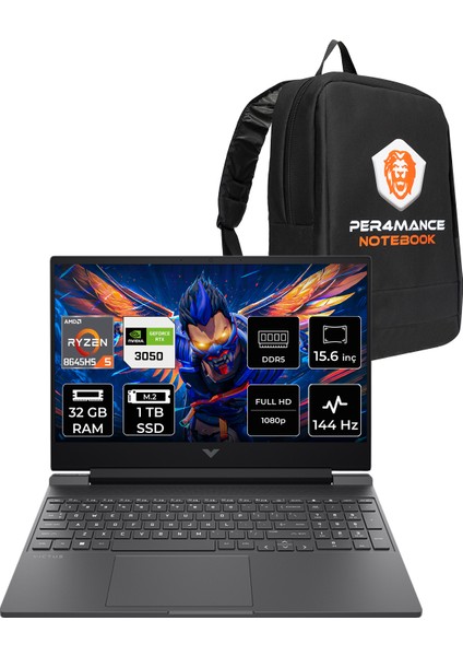 Victus 15 Amd Ryzen 5 8645HS 32GB Ram 1tb SSD RTX3050/6GB 15.6" Fhd 144Hz Freedos Taşınabilir Bilgisayar & Per4 Çanta B9KM2EAPN318
