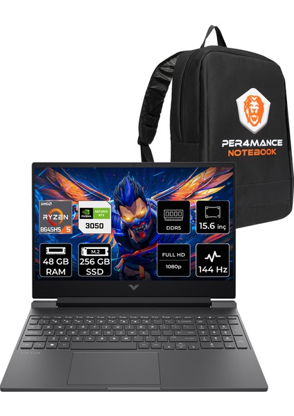 Victus 15 Amd Ryzen 5 8645HS 48GB Ram 256GB SSD RTX3050/6GB 15.6" Fhd 144Hz Freedos Taşınabilir Bilgisayar & Per4 Çanta B9KM2EAPN326