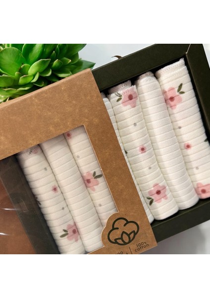 %100 Organik Pamuklu Kız Bebek Ağız Mendili Kutulu 7'li Set