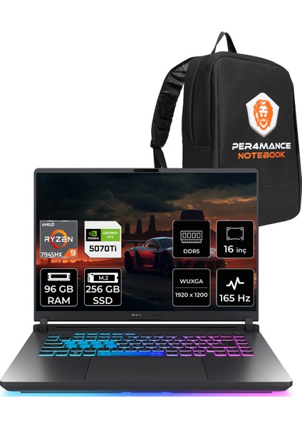 Rog Strix G16 Amd Ryzen 9 7945HX 96GB 256GB SSD RTX5070TI/12GB 16" Fhd+ 165Hz Freedos Taşınabilir Bilgisayar & Per4 Çanta G614PRRV051P336